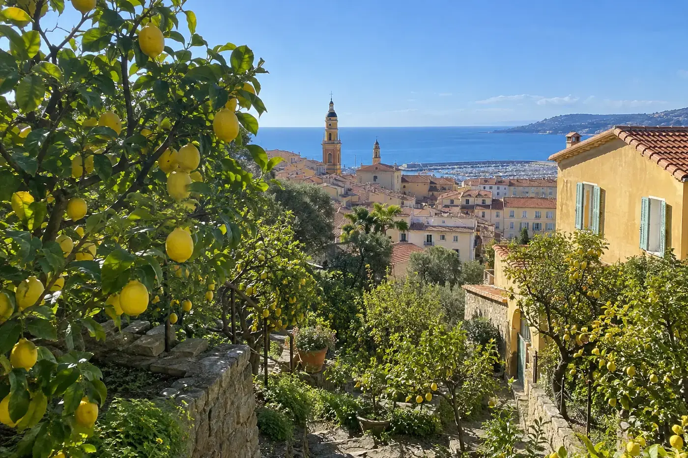 Citronniers chargés de fruits dans un jardin en terrasses à Menton, la vieille ville et la mer au loin