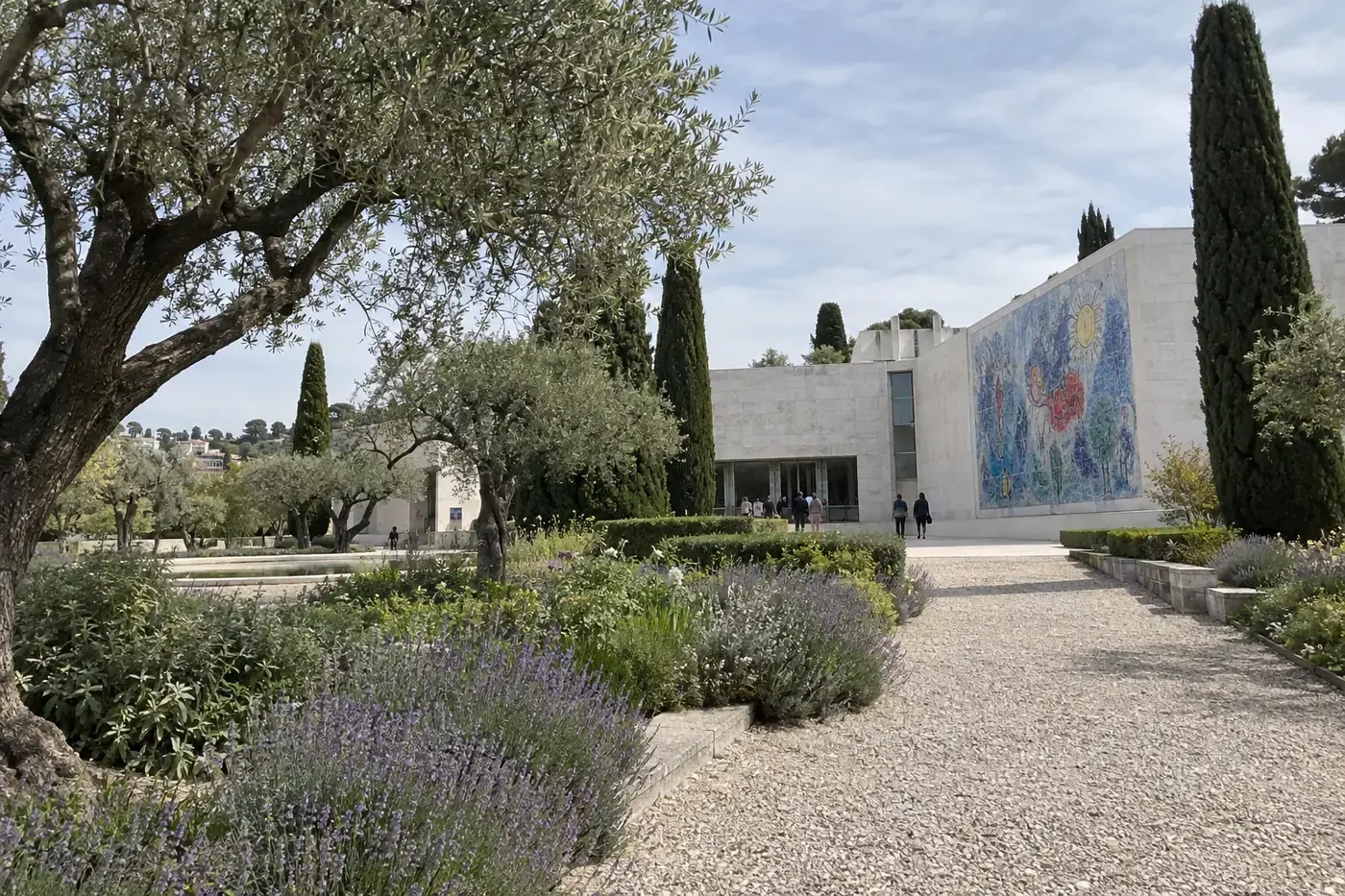 Le bâtiment blanc du musée national Marc Chagall à Nice, entouré de son jardin d’oliviers, de cyprès et de lavande
