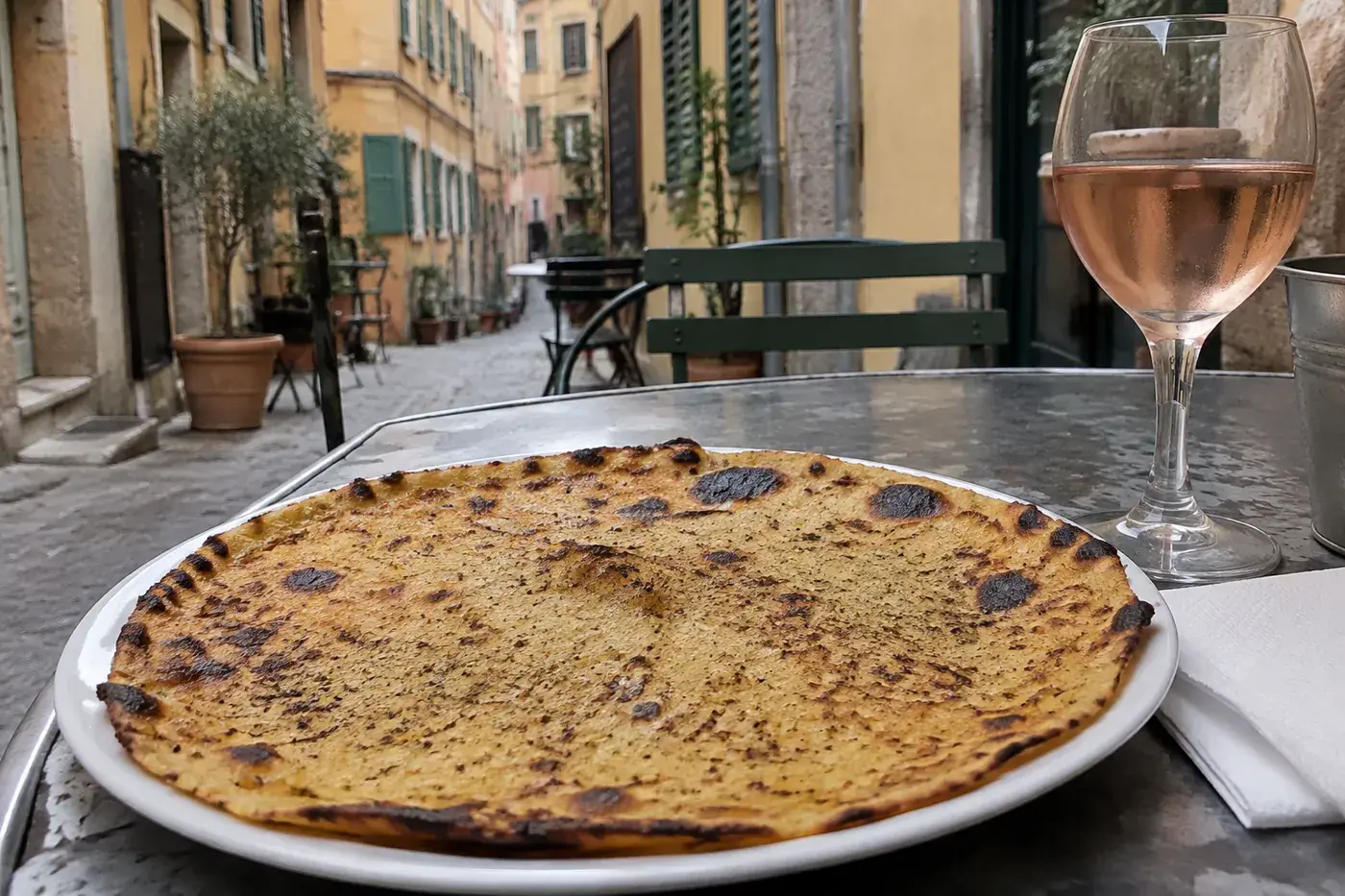 Assiette de socca, la galette de farine de pois chiches, sur une table de terrasse dans le Vieux-Nice