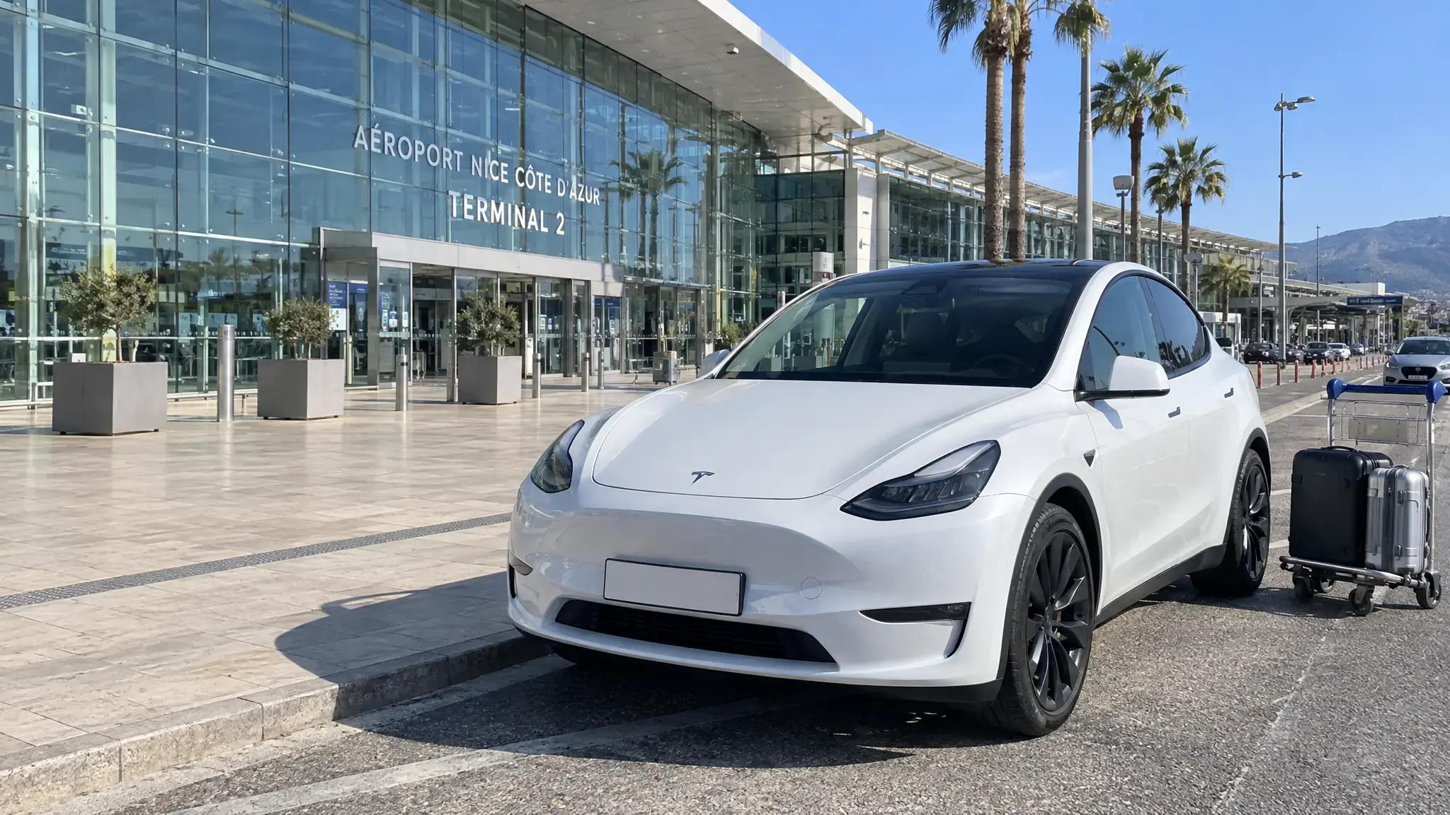 Tesla Model Y blanche devant le Terminal 2 de l’aéroport Nice Côte d’Azur, des palmiers le long de la façade vitrée