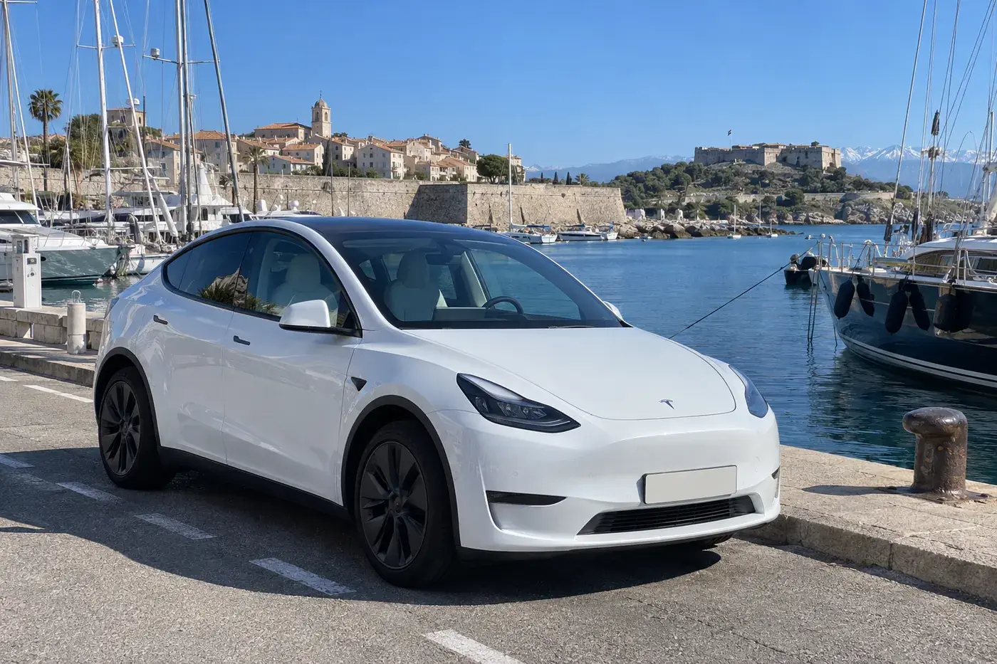 Tesla Model Y blanche garée sur le quai du port Vauban à Antibes, le fort Carré et les voiliers en arrière-plan