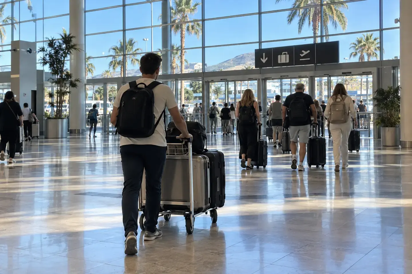 Un voyageur de dos pousse un chariot chargé de valises dans le hall des arrivées d’un terminal d’aéroport baigné de lumière du jour