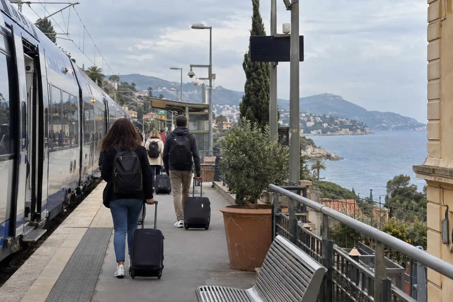 Un train régional à quai dans une petite gare du littoral, un ciel légèrement voilé, des voyageurs de dos avec leurs valises