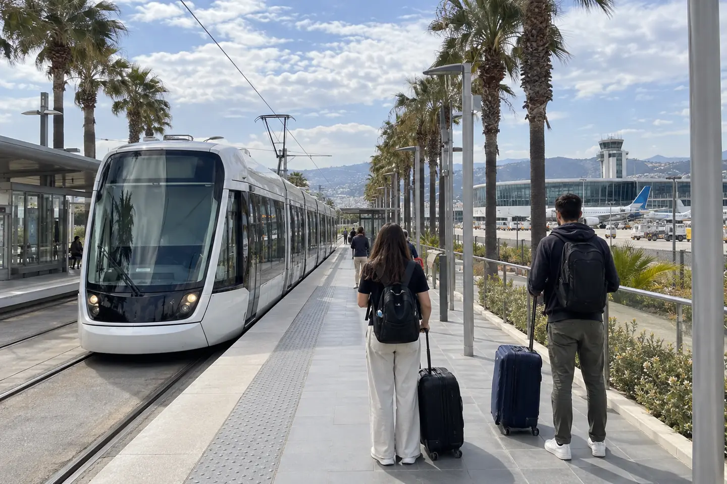 Une rame de tramway blanche arrêtée à une station en plein jour, des palmiers et des valises à roulettes sur le quai